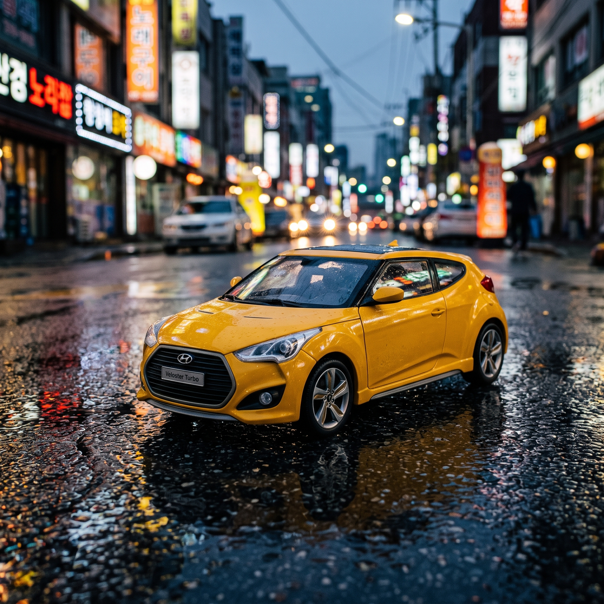 Veloster Turbo 1/64 jaune - mise en scène rue de nuit