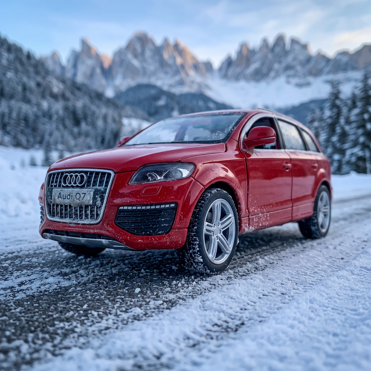 Audi Q7 V12 1:36 rouge - route enneigée